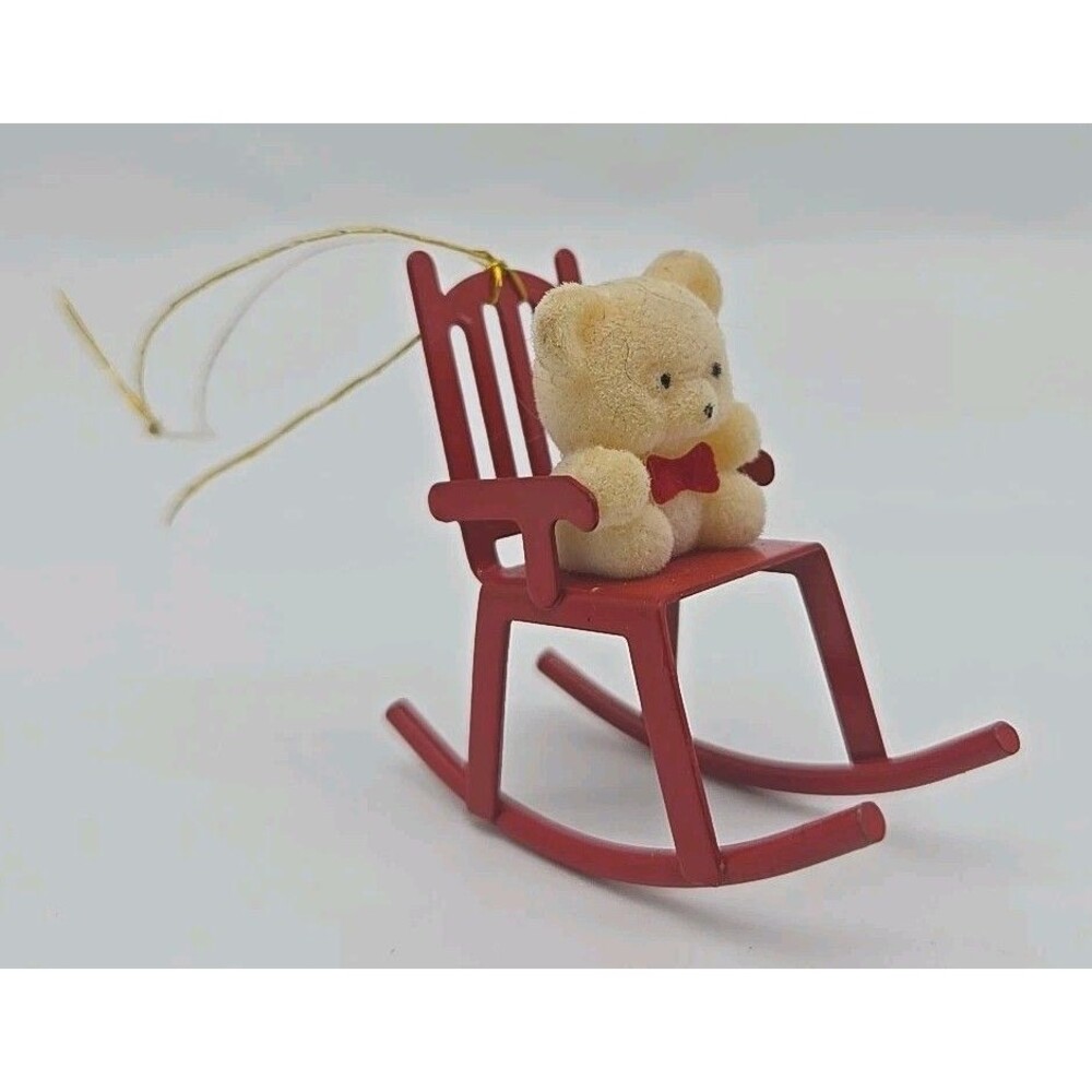 Vintage 1980s Christmas Avon Felt Teddy Bear on Red Metal Rocking Chair Ornament